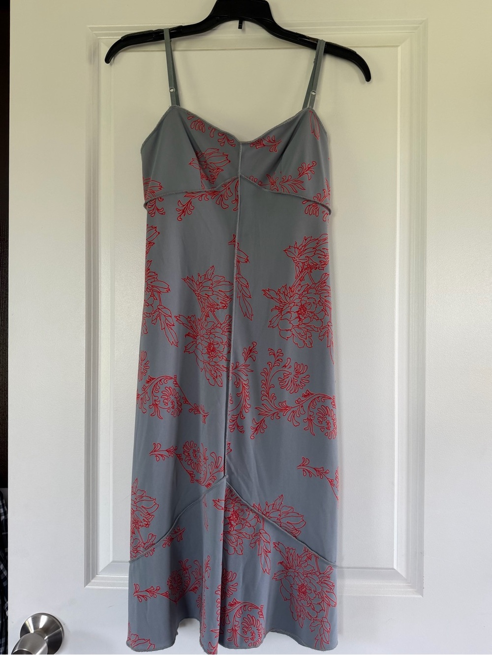 BCBGMaxAzria Gray Midi Slip Dress with Red Floral Motif